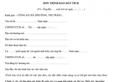 MẪU ĐƠN TRÌNH BÁO ĐẾN CÔNG AN ĐỂ TÌM NGƯỜI MẤT TÍCH