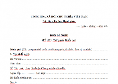 MẪU ĐƠN ĐỀ NGHỊ GIẢI QUYẾT KHIẾU NẠI